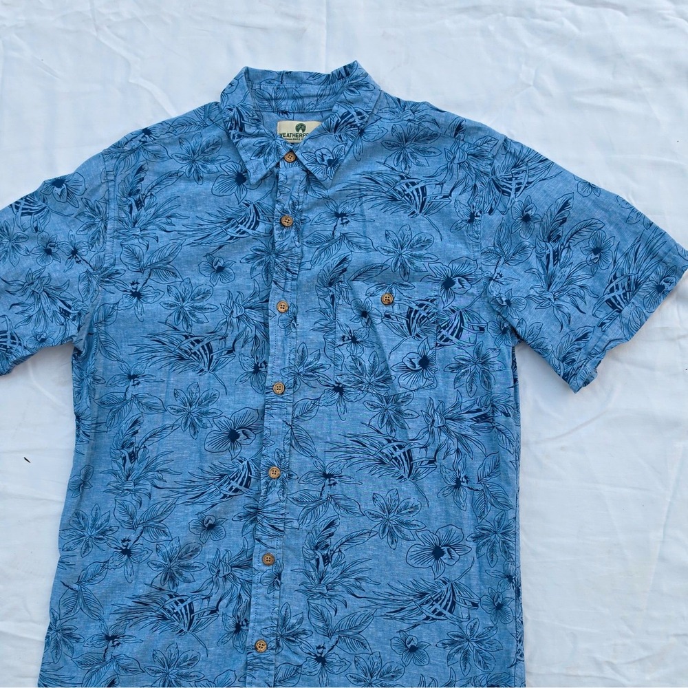 Weatherproof Men's Linen/Cotton SS Button-Up Floral Pockets M Blue #259